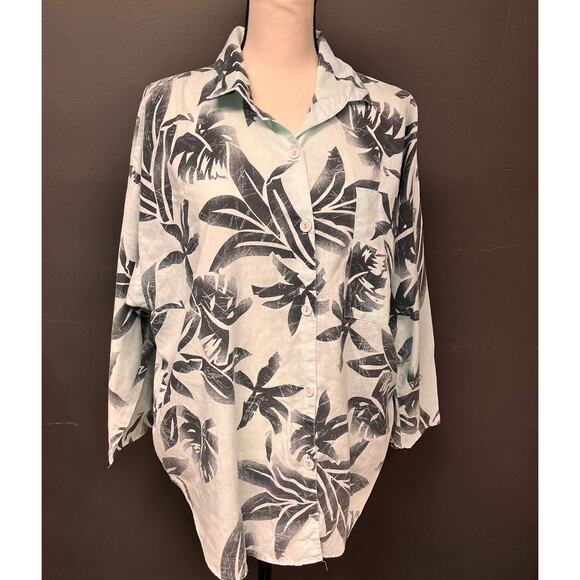vintage women's plus size botanical tropical print 3/4 sleeve button down top 3x - Picture 1 of 7